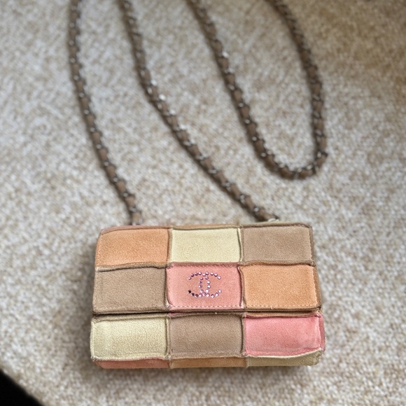 AUTH RARE CHANEL MINI PATCHWORK SUEDE FLAP BAG CC PINK CRYSTAL. VINTAGE 2004-08 - Picture 4 of 17